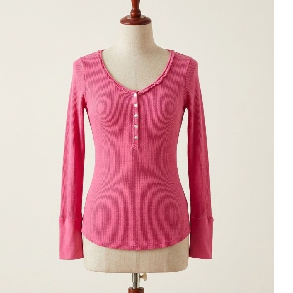 Y2K Xhilaration Pink Waffle Knit Henley Bella Swan Lettuce Hem 2000s Small